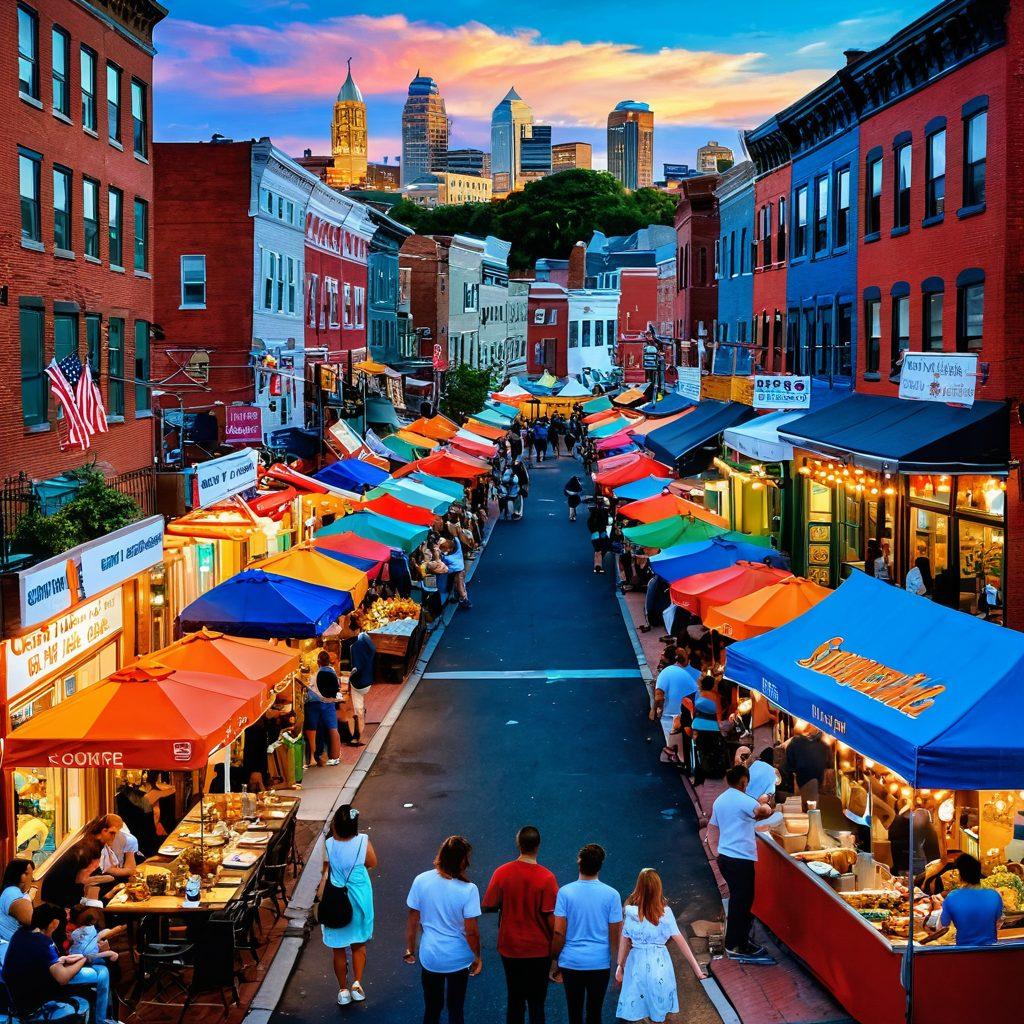 A vibrant collage representing Somerville's lifestyle, showcasing diverse cultural events, local cuisine, and community gatherings in a lively street setting. Include iconic landmarks and colorful street art to intersect the city's rich history with modern events. Warm, inviting atmosphere with people enjoying festivities, food stalls, and music. super-realistic. vibrant colors. bustling urban background.