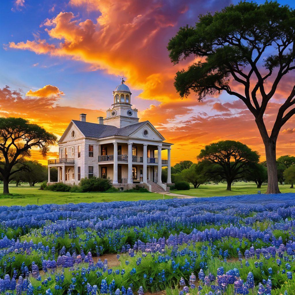 A picturesque collage showcasing iconic Texas landmarks, including the historic Somerville Court House, lush countryside dotted with bluebonnets, and lively local attractions. Include an inviting sunset sky with warm hues, enhancing the charm and history of the area. The layout should feel engaging and warm, inviting readers to explore more. super-realistic. vibrant colors. warm sunset background.