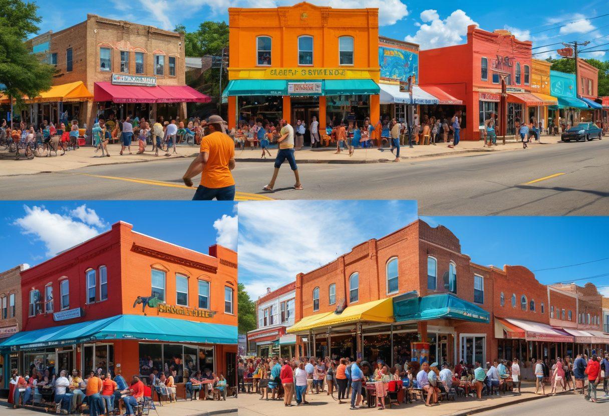 A vibrant collage showcasing the essence of Somerville, featuring a lively local festival with people enjoying food and music in the foreground, Texas historical landmarks in the background, and culturally rich elements like art murals and traditional Texan motifs. Bright, inviting colors capture the spirit of community and celebration. super-realistic. vibrant colors. 3D.